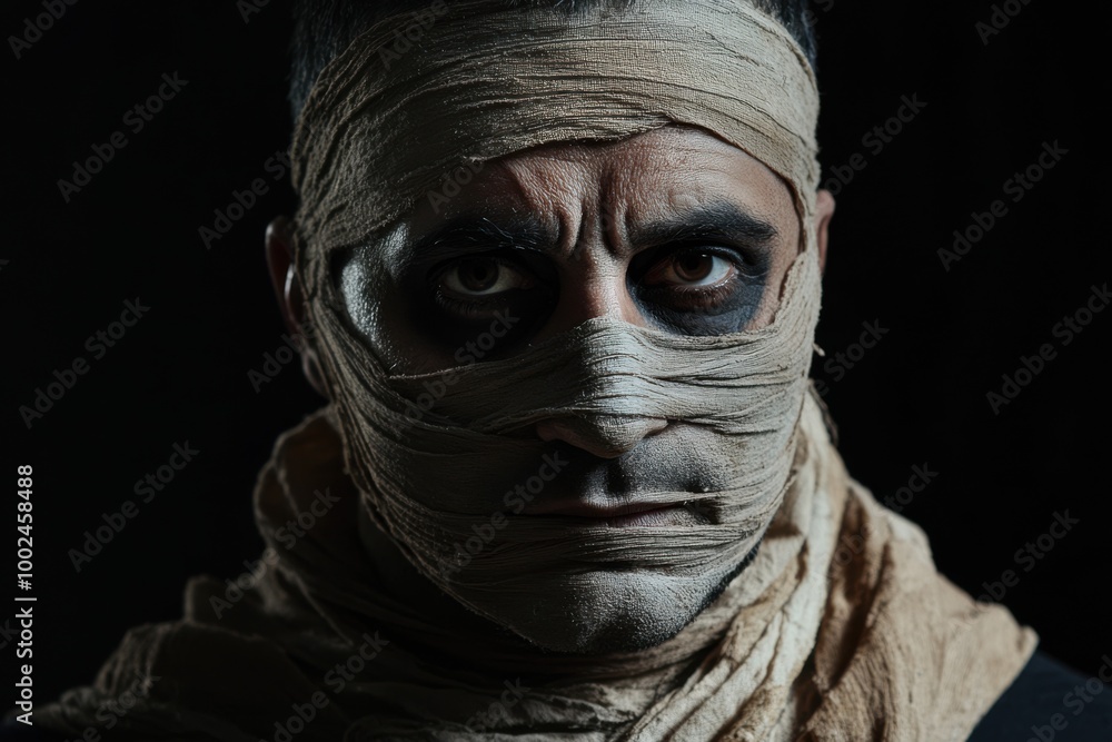 Portrait of a Middle Eastern man with mummy makeup, wrapped in worn bandages, copy space in the middle, in a black background, Halloween theme, ancient horror, hauntingly soft lightin Portrait of a Middle Eastern man with mummy makeup, wrapped in worn bandages, copy space in the middle, in a black background, Halloween theme, ancient horror, hauntingly soft lightin