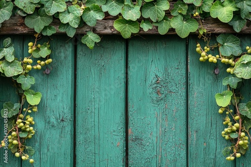 Weathered Green Wooden Door Frame with Green Vines and Yellow Berries