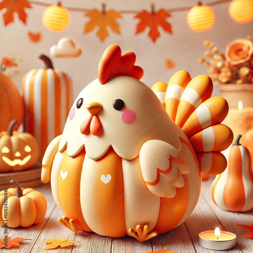 Naklejka premium Adorable Thanksgiving Chicken Surrounded by Pumpkins