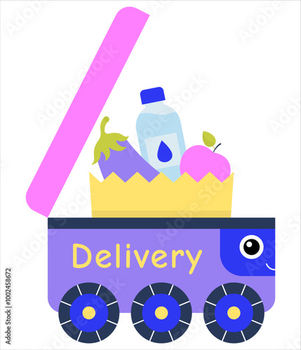 Cute robot delivering goods, food, vector