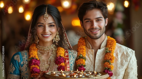 Portrait of a newly married young Indian woman in a royal blue bridal saree with intricate silver detailing and a young Indian man in a cream sherwani, both wearing colorful floral garlands