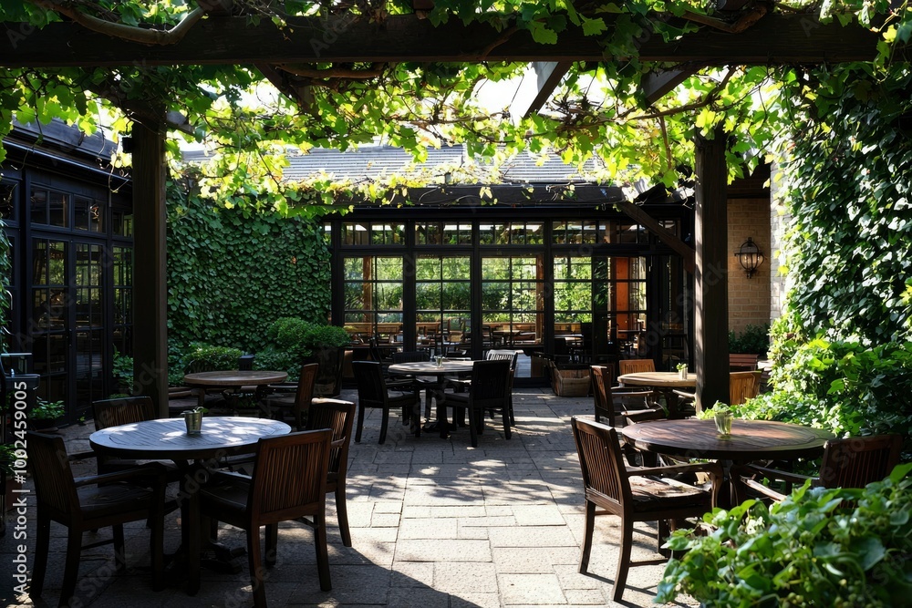 Fototapeta premium Outdoor Patio with Wooden Tables and Chairs under a Leafy Vine Covered Pergola
