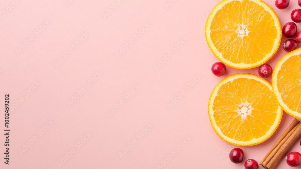 Fresh orange slices with cinnamon sticks and cranberries on a pink background Fresh orange slices with cinnamon sticks and cranberries on a pink background
