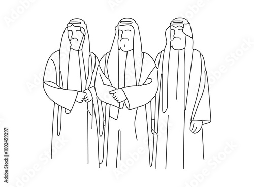 continuous one-line drawing for arab men wearing Arabian thobe sitting editable stroke design Vector illustration of three wise men in traditional clothes. Line art.