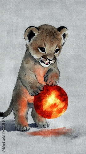 Cute Lion Cub Holding a Sunball photo