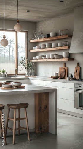 Clean minimalist kitchen with white cabinets and natural wood accents