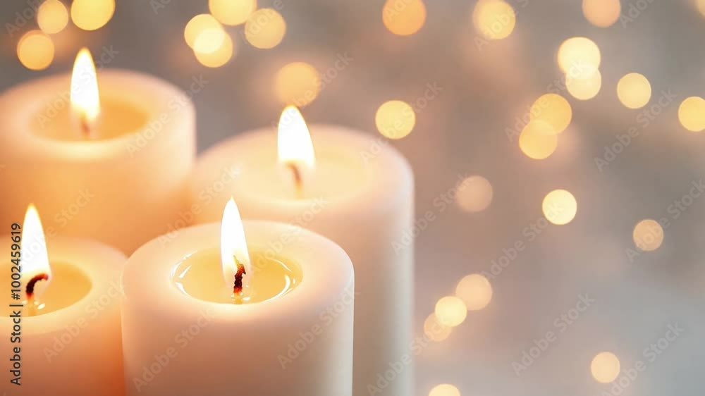 Soft candlelight creates a warm ambiance, complemented by shimmering lights on a light bokeh backdrop, copy space Soft candlelight creates a warm ambiance, complemented by shimmering lights on a light bokeh backdrop, copy space
