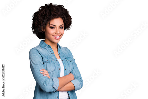 Portrait of cute attractive charming lovely friendly millennial feel excited enjoy future leader leadership excited candid wear modern denim outfit isolated grey background photo