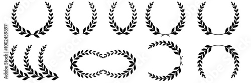 Collection of different black and white silhouette circular laurel foliate, wheat and olive wreaths depicting an award, achievement, heraldry, nobility. Vector illustration