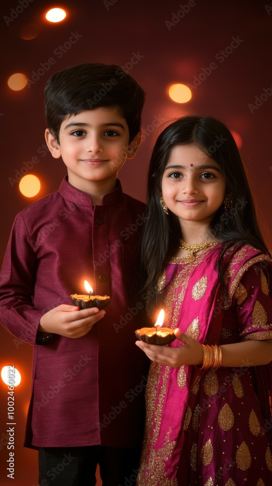 Portrait of a young Indian boy in a maroon kurta and a young Indian girl in a magenta saree, standing side by side with diyas in their hands, with a maroon to magenta gradient glowing bokeh backdrop Portrait of a young Indian boy in a maroon kurta and a young Indian girl in a magenta saree, standing side by side with diyas in their hands, with a maroon to magenta gradient glowing bokeh backdrop
