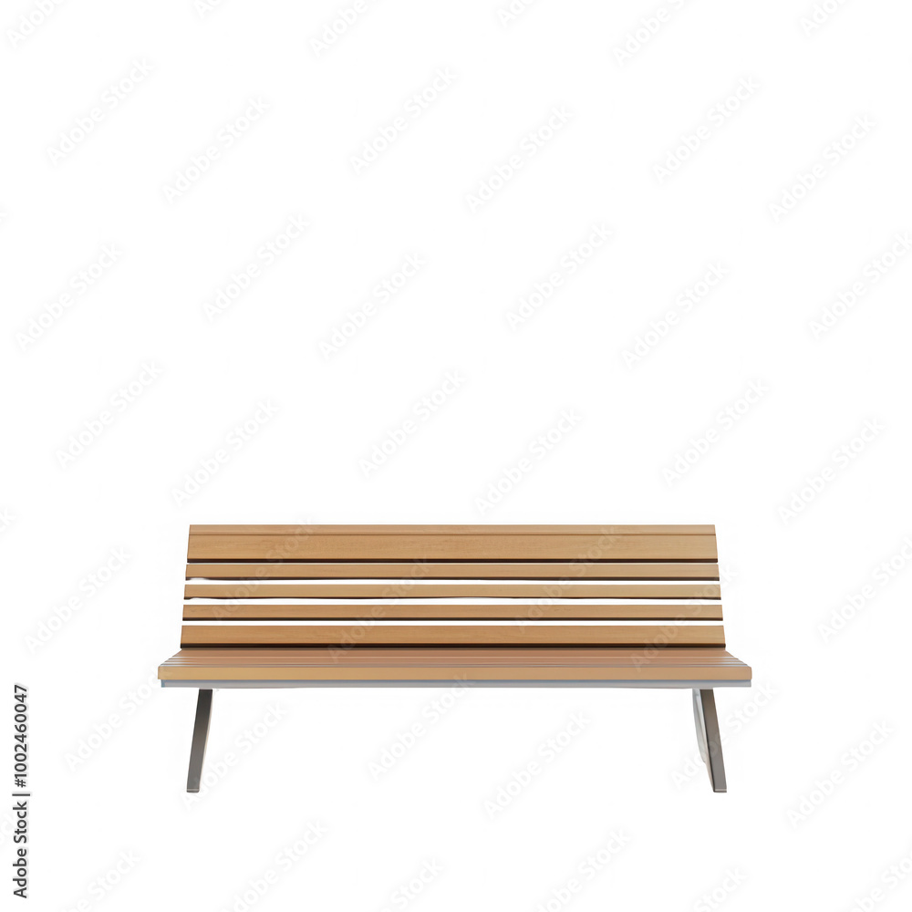 A wooden bench with a metal frame sits on a white background