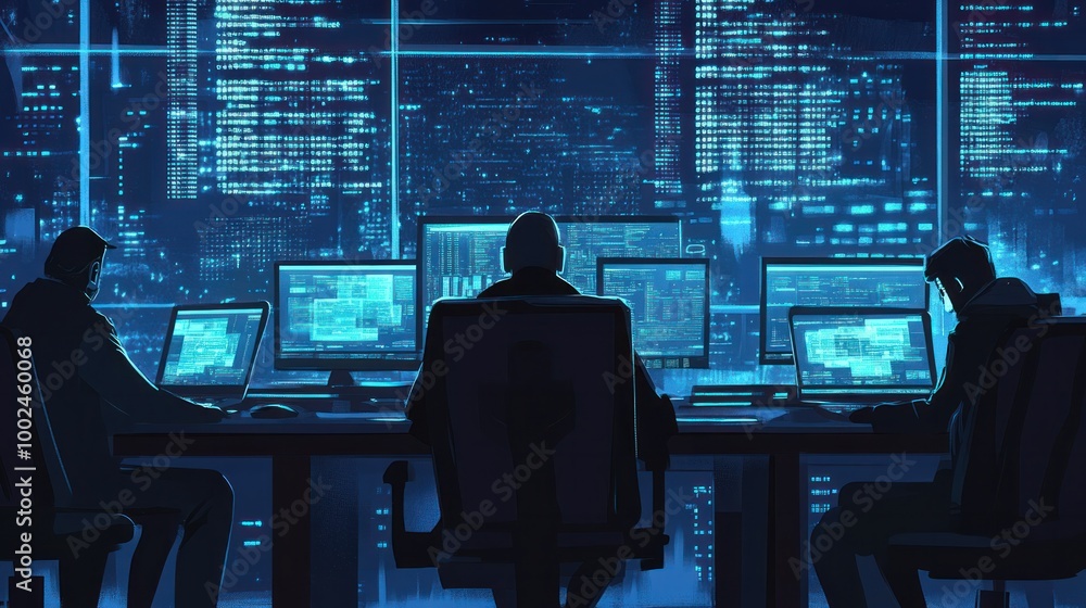 Fototapeta premium A team of cybercriminals uses sophisticated software to bypass digital security, committing online thefts