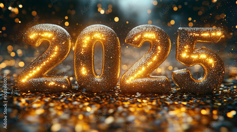 Luxurious 3D New Year 2025 scene with glowing golden numbers, and festive confetti. Perfect for New Year's and Christmas holiday promotions. Luxurious 3D New Year 2025 scene with glowing golden numbers, and festive confetti. Perfect for New Year's and Christmas holiday promotions.