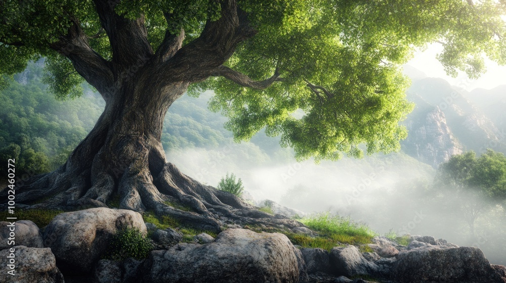 Fototapeta premium Ancient Tree in a Misty Mountain Landscape