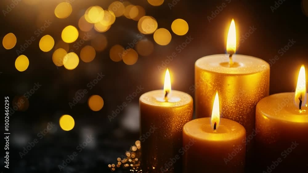 Golden candles flicker gently, creating a warm and tranquil atmosphere, perfect for relaxation and reflection in a dimly lit space Golden candles flicker gently, creating a warm and tranquil atmosphere, perfect for relaxation and reflection in a dimly lit space