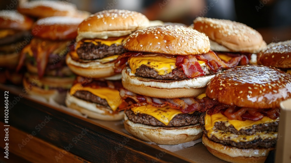 A tray of fast food burgers stacked high with extra cheese, bacon, and sauces, showing their greasy, high-calorie indulgence A tray of fast food burgers stacked high with extra cheese, bacon, and sauces, showing their greasy, high-calorie indulgence