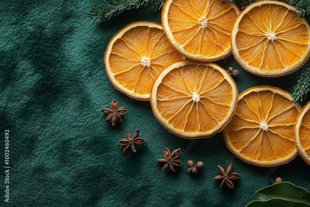 Dried orange slices arranged on a green surface with spices and foliage for decoration Dried orange slices arranged on a green surface with spices and foliage for decoration