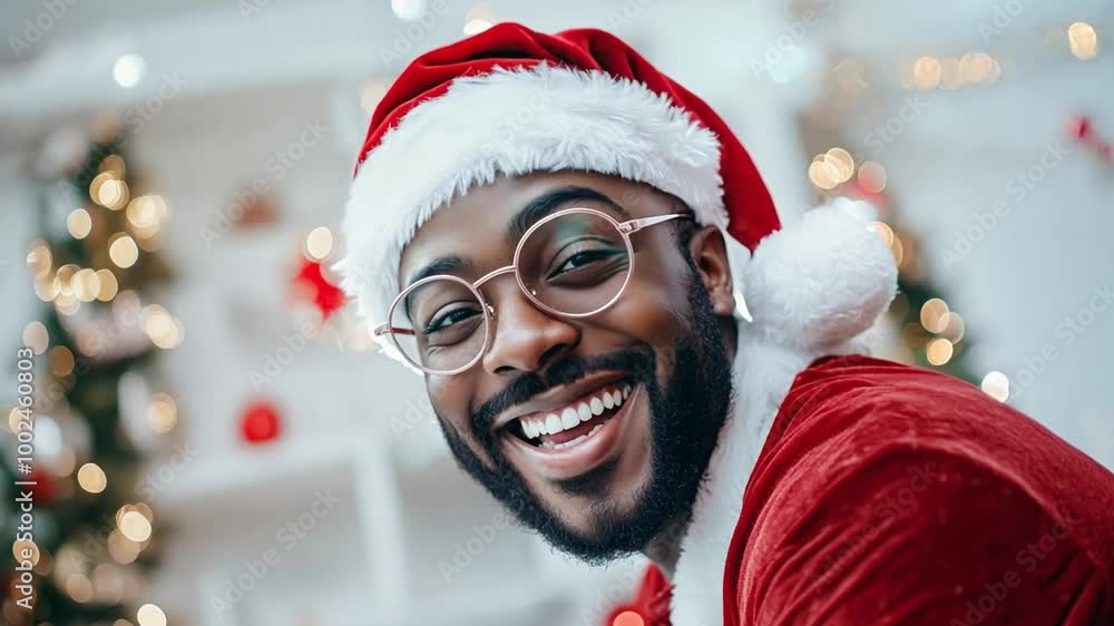 A cheerful black man in a Santa hat and glasses beams with happiness, surrounded by holiday decorations and lights, celebrating Christmas cheer A cheerful black man in a Santa hat and glasses beams with happiness, surrounded by holiday decorations and lights, celebrating Christmas cheer
