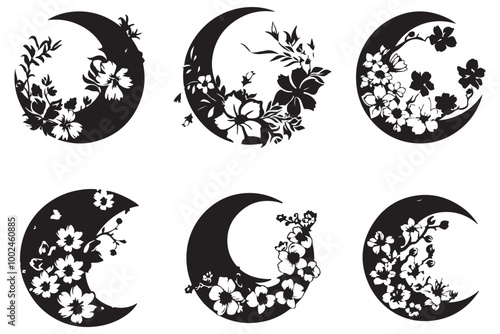 Artistic Crescent Moon with Flowers Silhouette Vector