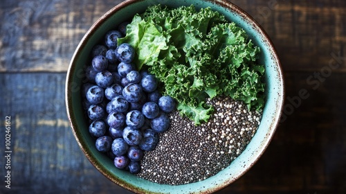 A vibrant bowl of superfoods, filled with chia seeds, blueberries, kale, and quinoa, brimming with antioxidants and nutrients photo