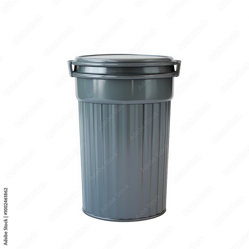 A grey trash can with a lid on top