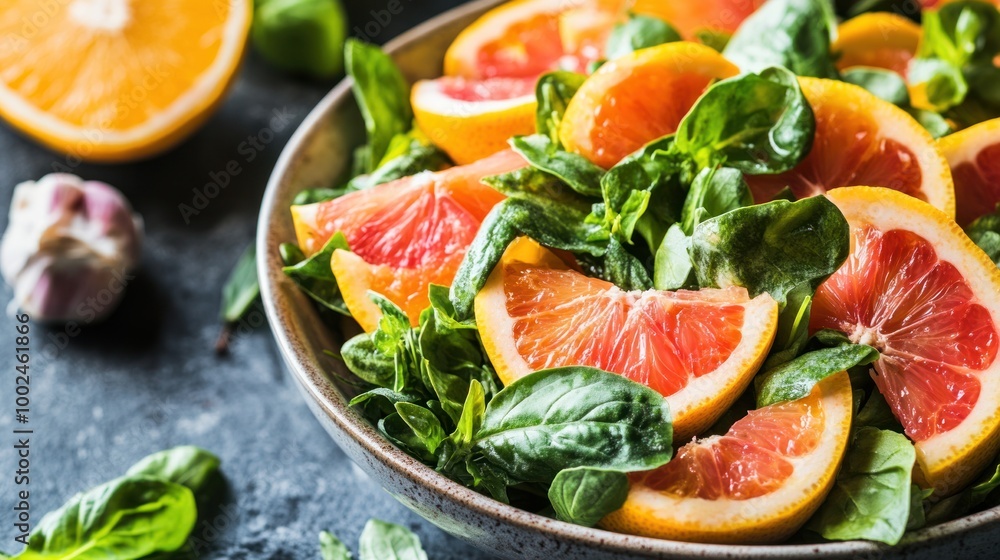 A vibrant immune-boosting dish filled with citrus fruits, garlic, and green leafy vegetables, rich in vitamins C and D A vibrant immune-boosting dish filled with citrus fruits, garlic, and green leafy vegetables, rich in vitamins C and D