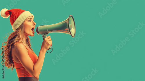 Gym lady shouting promotion cyber monday sale using megaphone green plain background wearing Santa hat