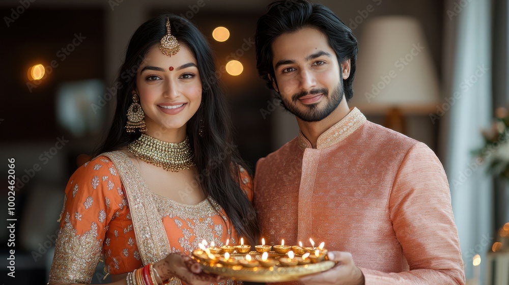 Portrait of a young Indian woman in a bold coral lehenga with gold motifs and a young Indian man in a matching coral kurta, both holding a single big thali with diyas, indoor backdrop Portrait of a young Indian woman in a bold coral lehenga with gold motifs and a young Indian man in a matching coral kurta, both holding a single big thali with diyas, indoor backdrop