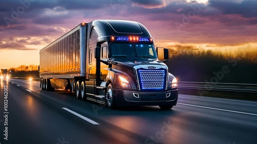 A semi-truck drives down a highway at sunset, the setting sun casting a warm glow on the asphalt