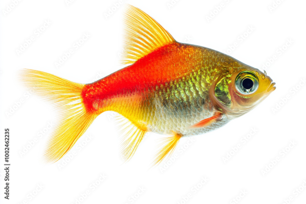 A close-up of a vibrant goldfish swimming against a white background A close-up of a vibrant goldfish swimming against a white background