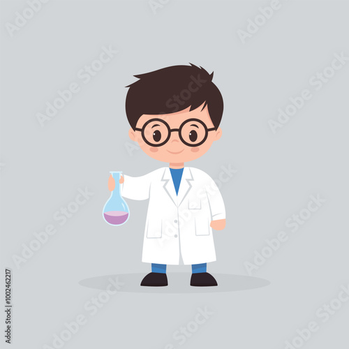 A young boy wearing a lab coat and holding a beaker illustration