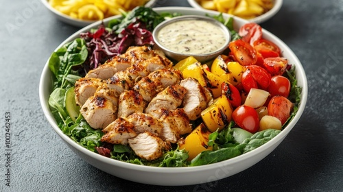 A weight-loss meal with a lean protein, fresh vegetables, and a light dressing, perfect for maintaining a calorie deficit