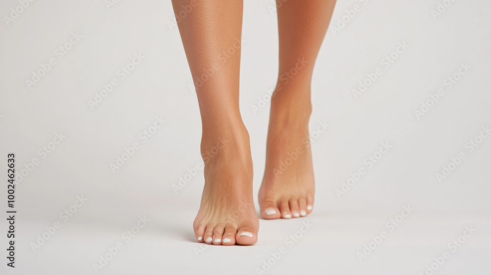 Woman walking barefoot on a light background, showcasing healthy and well-groomed feet Woman walking barefoot on a light background, showcasing healthy and well-groomed feet