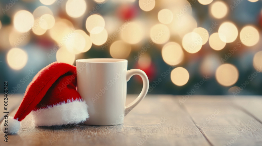 Christmas coffee cup with Santa hat placed on a wooden table against a festive background Christmas coffee cup with Santa hat placed on a wooden table against a festive background
