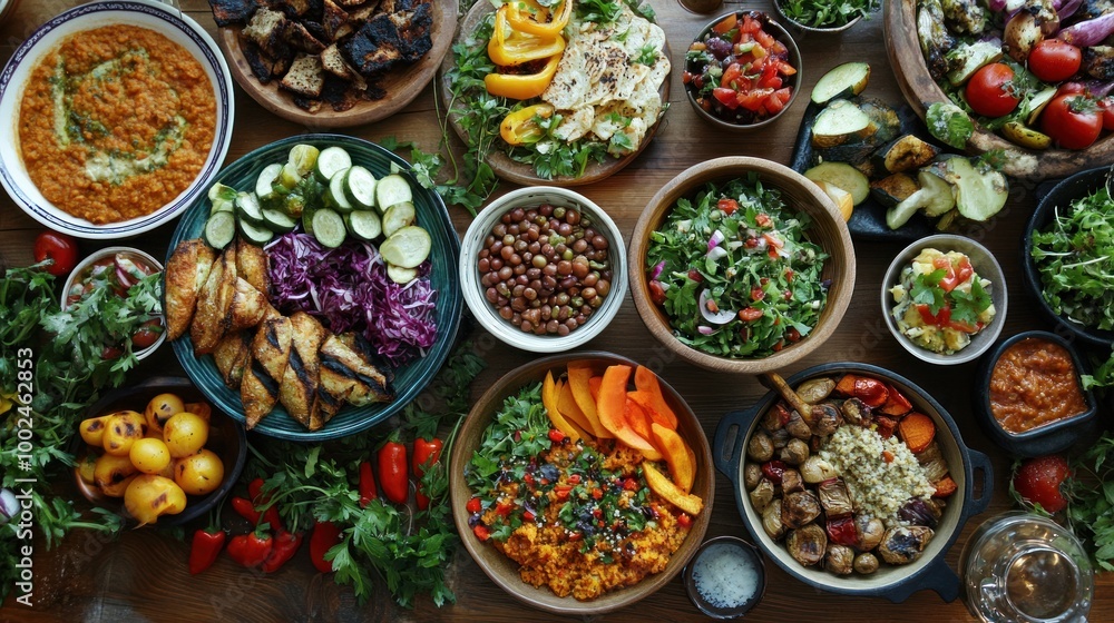 A wholesome vegetarian diet spread with a variety of dishes, from lentil soup to grilled vegetables and fresh salads A wholesome vegetarian diet spread with a variety of dishes, from lentil soup to grilled vegetables and fresh salads