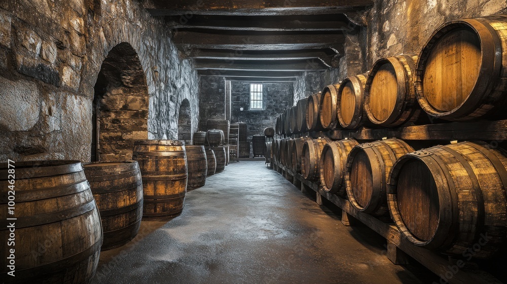 Wine Barrels Stored in a Stone Cellar Wine Barrels Stored in a Stone Cellar