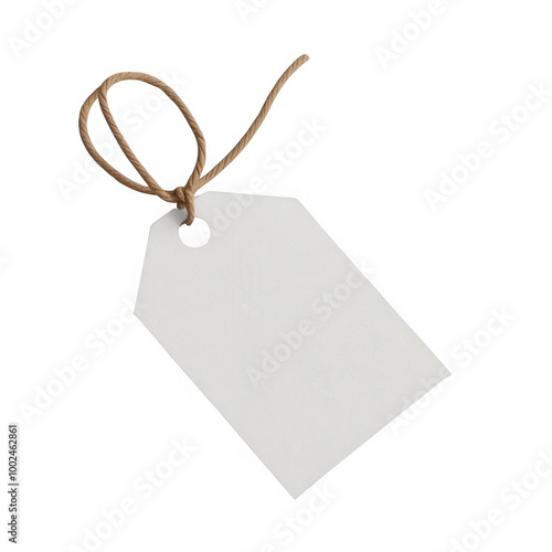 A white tag with a brown string hanging from it