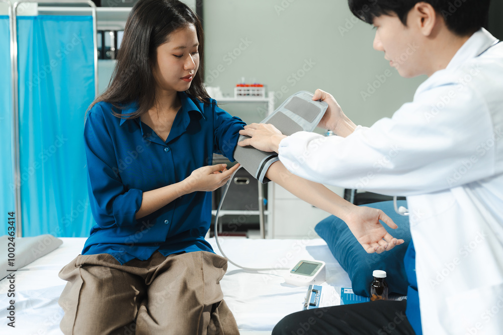 Obraz premium male doctor having blood pressure test, woman at the clinic in the morning.