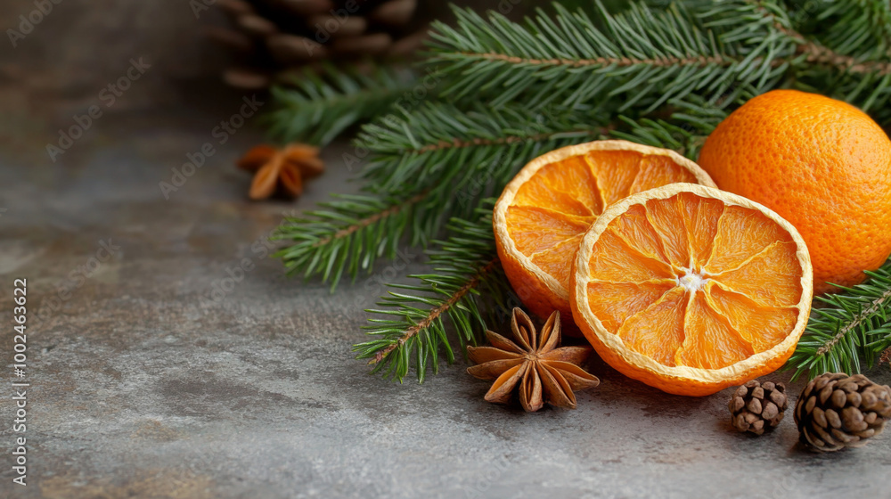 Fresh oranges and seasonal decorations arranged on a rustic surface for festive occasions Fresh oranges and seasonal decorations arranged on a rustic surface for festive occasions
