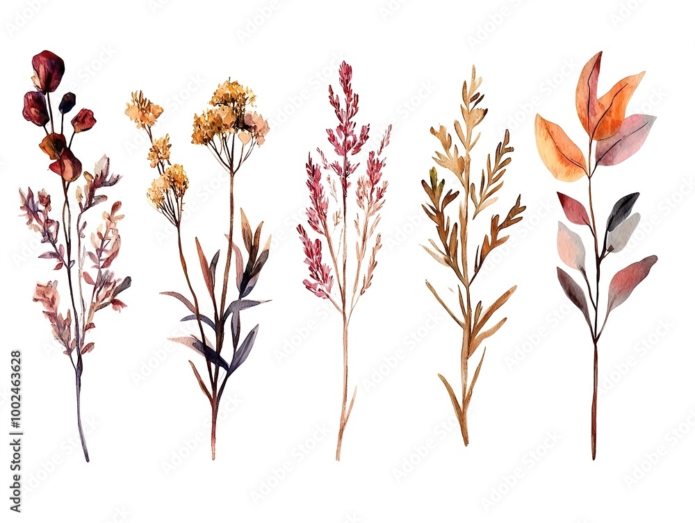Fototapeta premium Watercolor illustration of autumn dry wildflowers and meadow flowers in soft natural tones