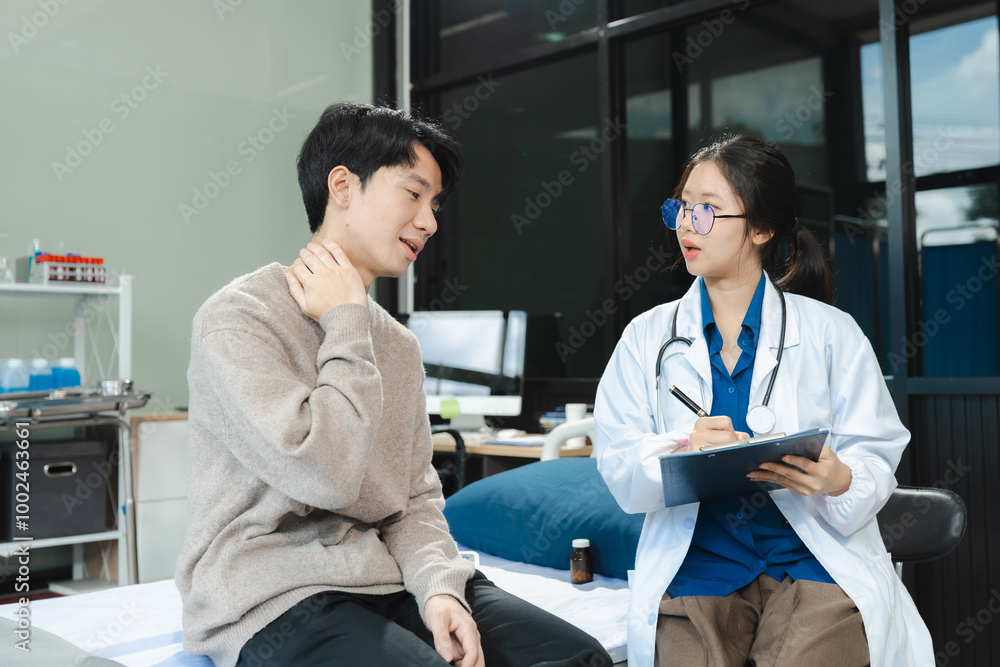 Fototapeta premium doctor consulting patient filling form at consultation, talking to patient filling signing medical paper at appointment visit in clinic.