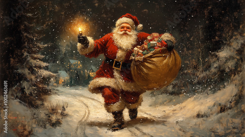 Santa Claus walking in the night delivering gift vintage painting