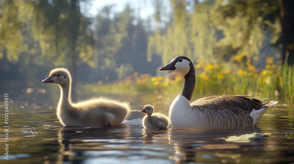 photograph of Mother goose and her babies in a beautiful lake photograph of Mother goose and her babies in a beautiful lake