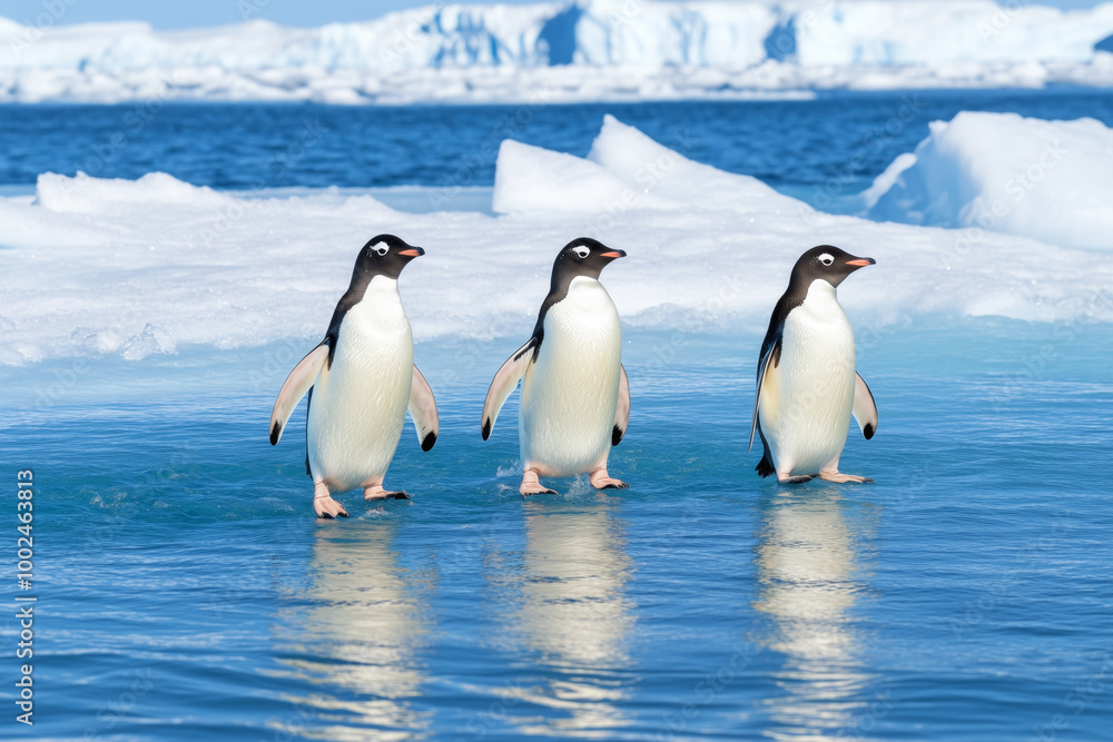 Fototapeta premium A group of three penguins standing on ice near the water in Antarctica