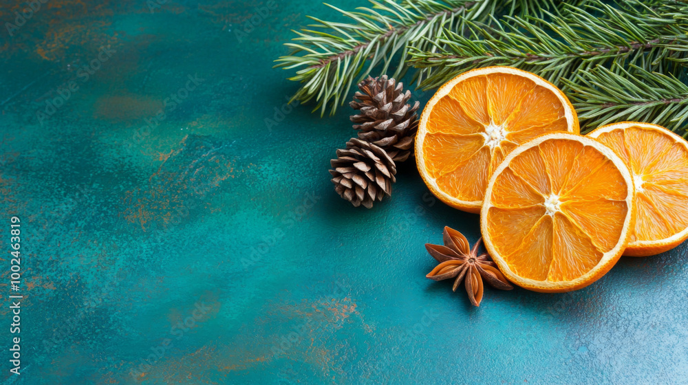 Slices of dried orange with pinecones and evergreen branches on a teal background Slices of dried orange with pinecones and evergreen branches on a teal background