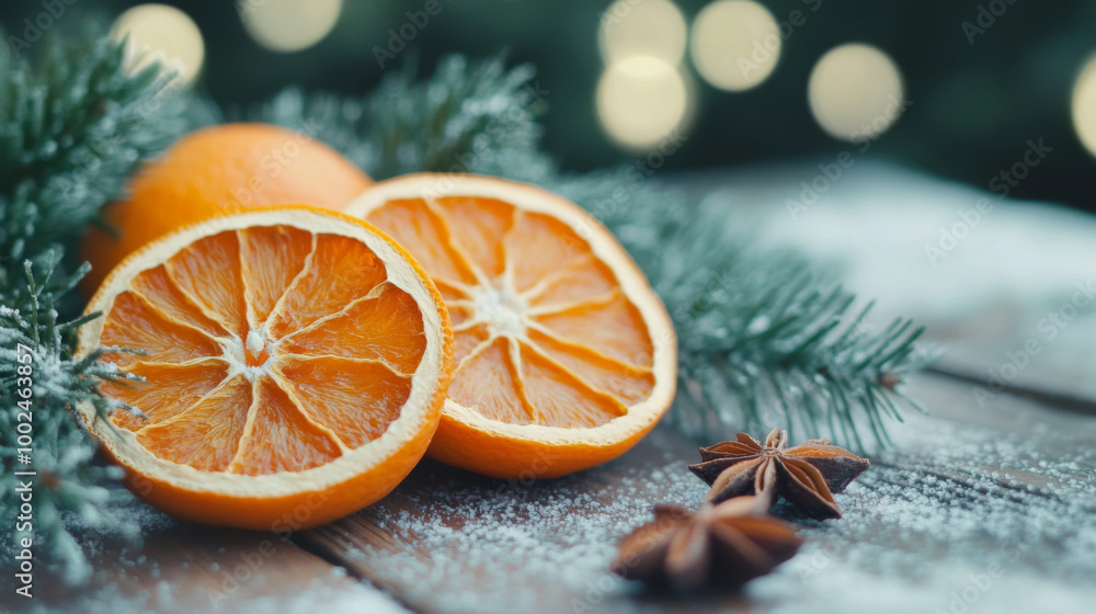 Sliced oranges and star anise arranged on wooden table with festive greenery and lights Sliced oranges and star anise arranged on wooden table with festive greenery and lights