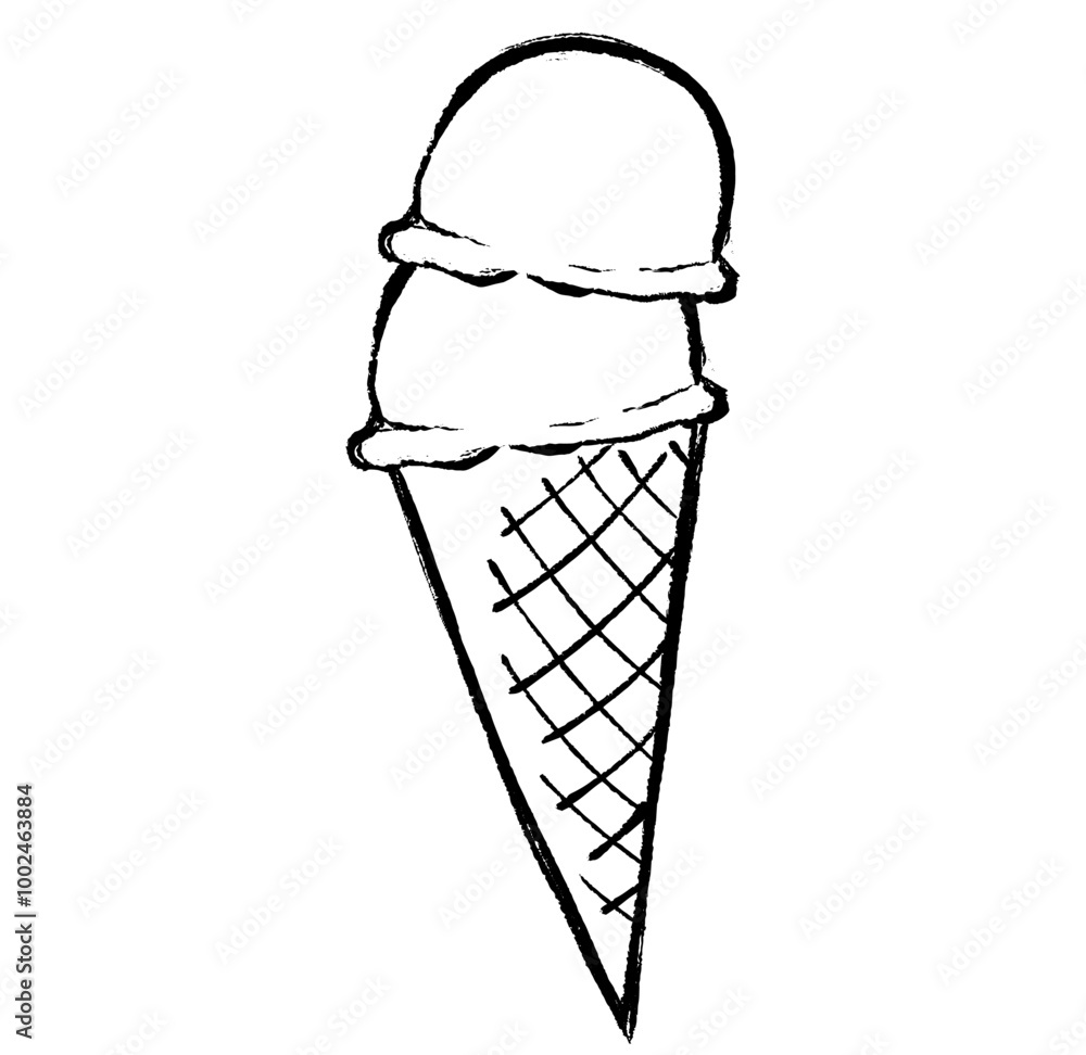 筆タッチのコーンにのった二段重ねのアイスクリームのイラスト 筆タッチのコーンにのった二段重ねのアイスクリームのイラスト