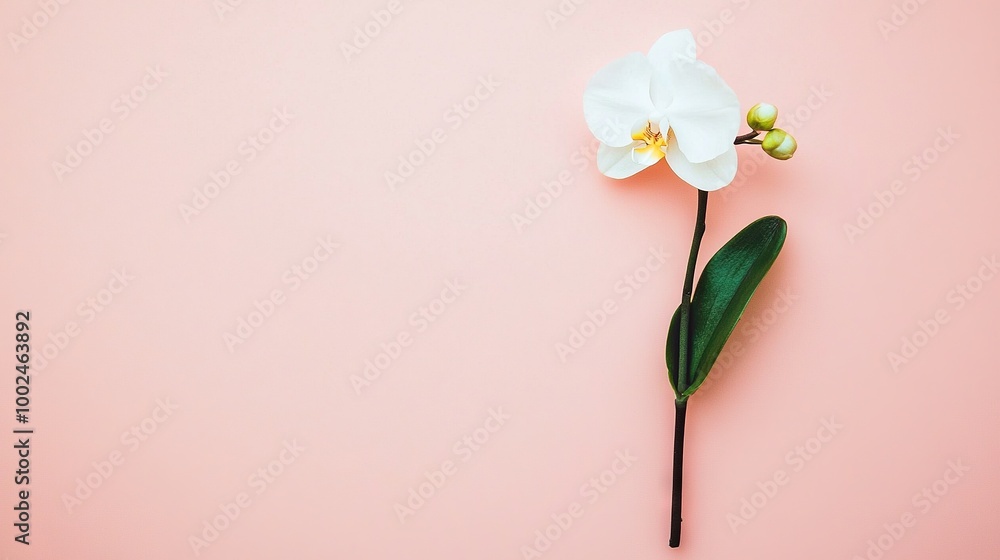 Fototapeta premium A white flower on a pink background with a green stem and a single bloom atop it