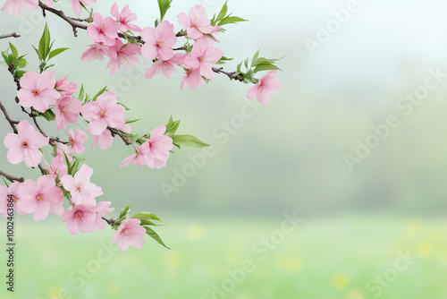 Pink cherry blossoms on a branch with soft green background, symbolizing spring and nature's renewal