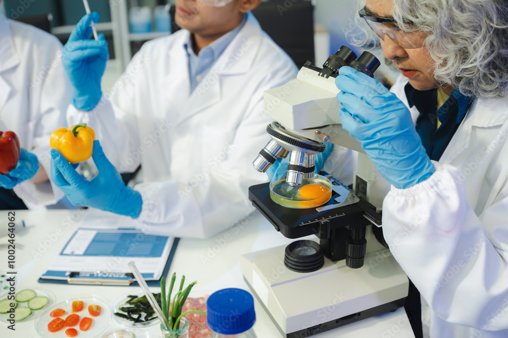 Fototapeta premium Team Microbiologists Analyzing Molecular Samples in Advanced Food Science Laboratory, Dietitian food and medicine.
